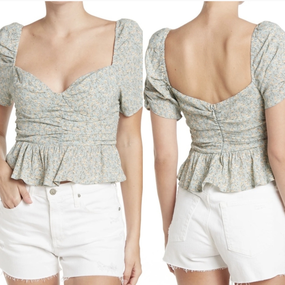 ASTR The Label Blue Ditsy Floral Puff Sleeve Crop Top Size S - Picture 8 of 10